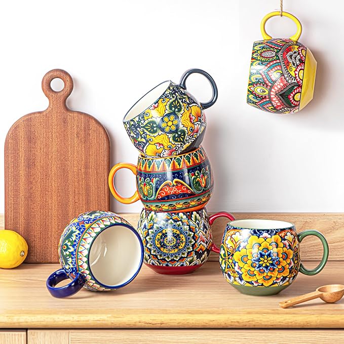 Henten Home Ceramic Coffee Mug Set of 6, 20 oz Colorful Coffee Cup with Handle, Boho Porcelian Mug for Cappuccino, Latte, Tea, Hot Chocolate, Cocoa, Microwave & Dishwasher Safe - Image 3