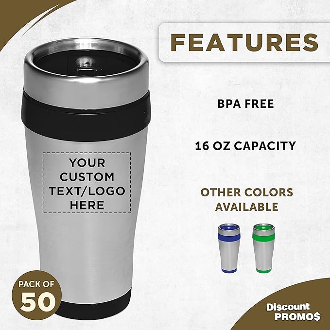 Custom Insulated Stainless Steel Travel Mugs 16 oz. Set of 50, Personalized Bulk Pack - Perfect for Coffee, Soda, Other Hot & Cold Beverages - Black