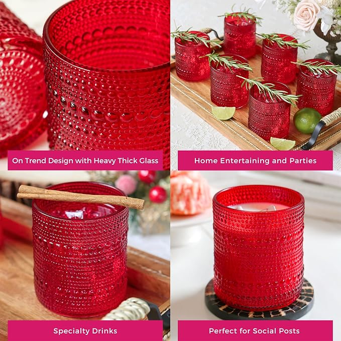Kate Aspen Retro Arch Floral Red Drinking Glasses Set of 6, 10 oz Vintage Ribbed Glass Cups, Christmas Glassware & Holiday Drinkware, Valentine’s Day & Holiday Hostess Gift - Image 6