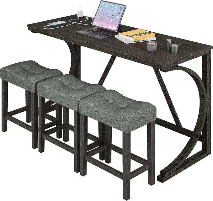 allamazing 4-Piece Counter High Bar Table Set with Socket and 3 Fabric Padded Bar Stools, Tall Kitchen Breakfast Nook with Stool, Black by allamazing