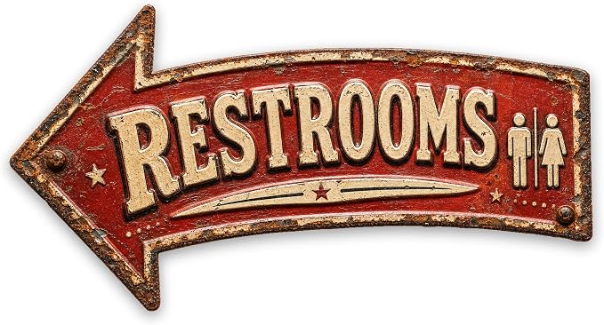 Restrooms Left-Pointing Arrow Sign — Die-Cut Metal Directional Wall Decor | powder-coated metal, vintage, durable print, ready to hang by MRC+Wood+Products