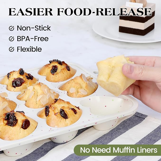 Heart Shaped Muffin Pan, 12 Cup, 2.5 Inch, Cream | 2 Pcs, Metal Reinforced Frame, Nonstick Silicone, Heart Cake Mold for Baking, Cupcake Tray - Image 3