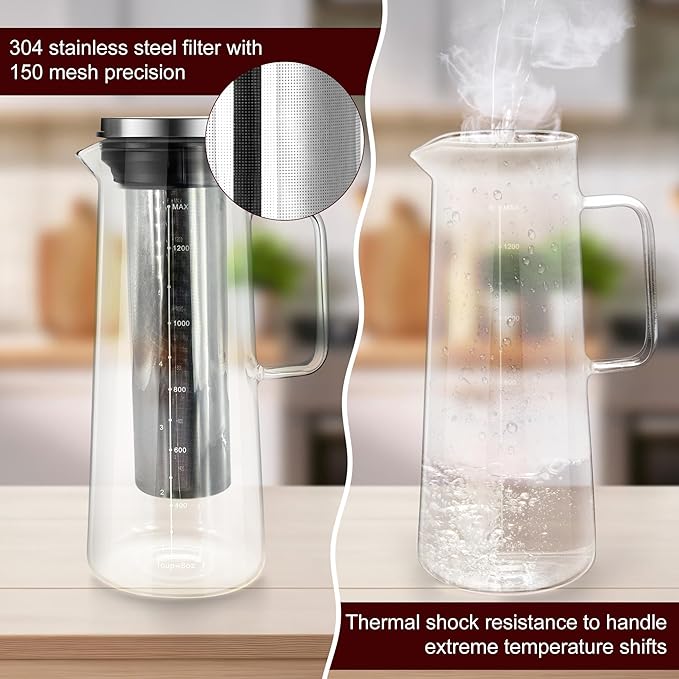 Cold Brew Coffee Maker & Ice Tea Maker, 1.4L/48oz Cold Brew Pither, Borosilicate Glass Carafe with Stainless Steel Filter, Airtight Lid, Dishwasher Safe, Easy to Use | Mannual & Brush Included