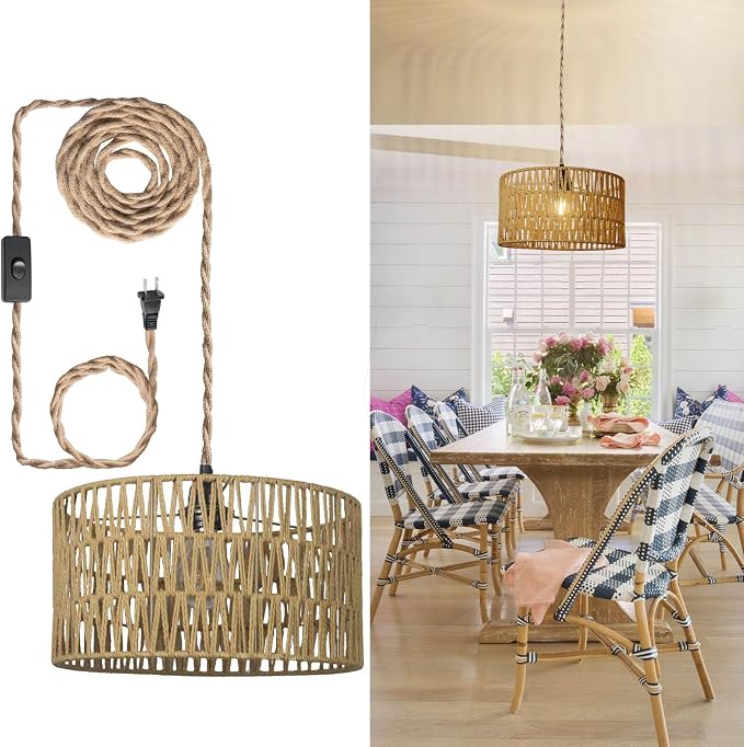12.6 Inch Boho Hanging Light with Plug in Cord Rattan Hanging Lamp Hand Woven Rattan Wall Lightfor Bedroom, Living Room, Kitchen, Nursery, E26 Base, Indoor,Without Bulb by DgroositonDirect