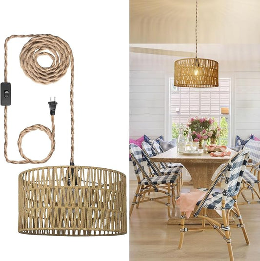 12.6 Inch Boho Hanging Light with Plug in Cord Rattan Hanging Lamp Hand Woven Rattan Wall Lightfor Bedroom, Living Room, Kitchen, Nursery, E26 Base, Indoor,Without Bulb by DgroositonDirect
