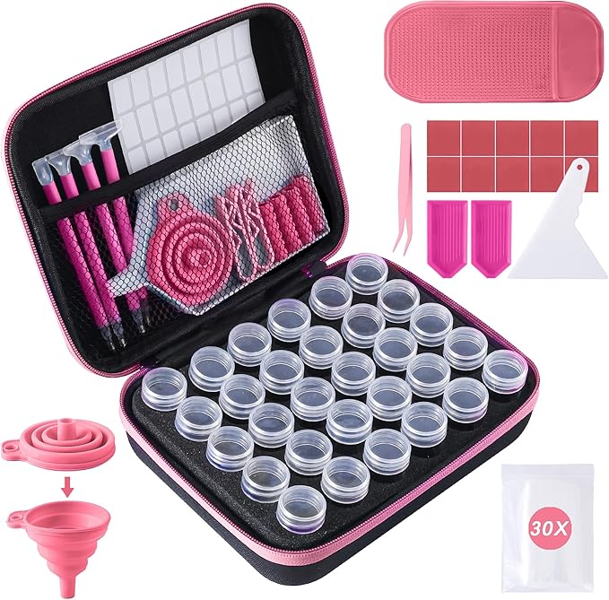 LYMUSUMI 30 Slots Diamond Art Storage Containers for Adults Portable Bead Storage Boxes for Diamond Painting Accessories and Tools（Pink）