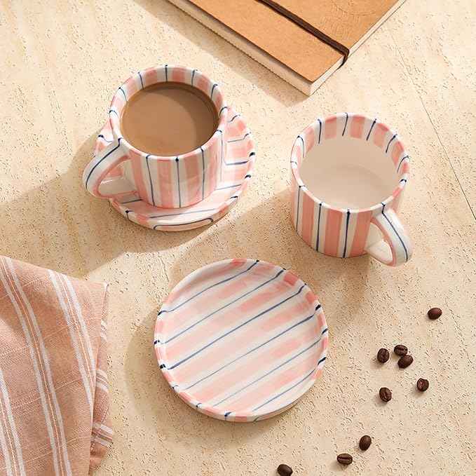 Hand-Painted Ceramic Coffee Mug and Saucer Set, 8 oz Artisan Striped Porcelain Espresso Cup, Decorative Tea Cup with Large Handle for Home, Office,Pink - Image 4
