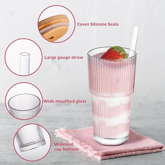 20 oz Ribbed Glass Tumblers with Bamboo Lids and Straws, 2 Pcs Wide Mouth Thickened Vintage Glass Cup for Boba, Iced Coffee, Juice