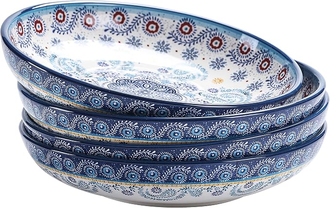 Bico Blue Talavera Pasta Bowls, 35oz Salad Bowl Set of 4, Large Ceramic Serving Dinner Bowls for Soup and Cereal, Microwave and Dishwasher Safe, Gift for Housewarming and Thanksgiving by Bico