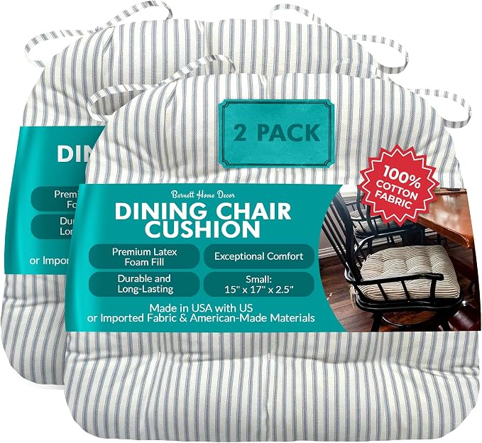 Barnett Home Decor Ticking Stripe Berlin Blue Dining Chair Pads with Ties - Pack of 2 Size 15 x 17 Chair Cushions - Latex Foam Fill - Machine Washable, 100% Cotton, Made in USA (Light Blue) by BarnettHomeDecor