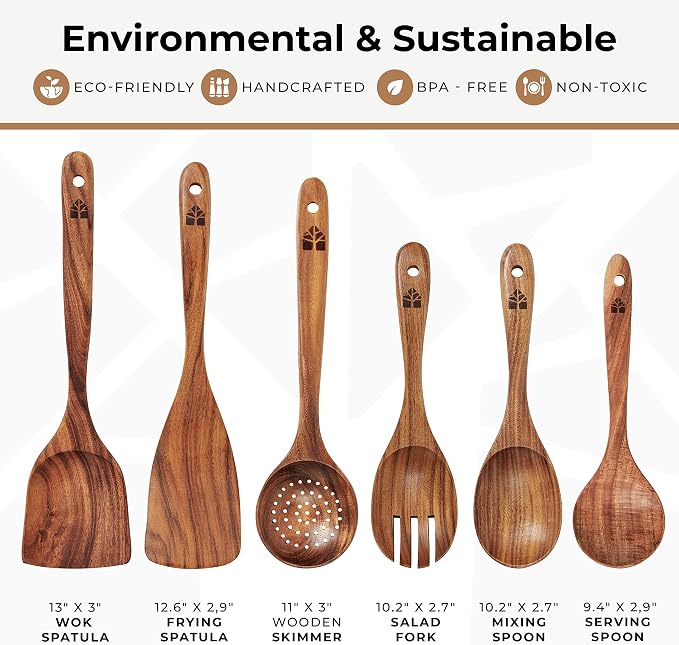 Wooden Spoons for Cooking, Teak Wood Kitchen Utensil Set – Multipack | Comfortable Grip, Non-Stick, Food-Safe & Easy to Clean Natural Cookware - Image 4