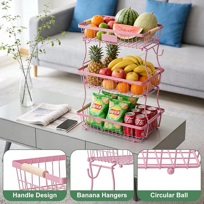 3 Tier Fruit Basket with 2 Banana Hangers, Mesh Basket Fruits Stand Produce Holder Organizer for Onion Potato Bread Snack Veggie Pink - Image 5