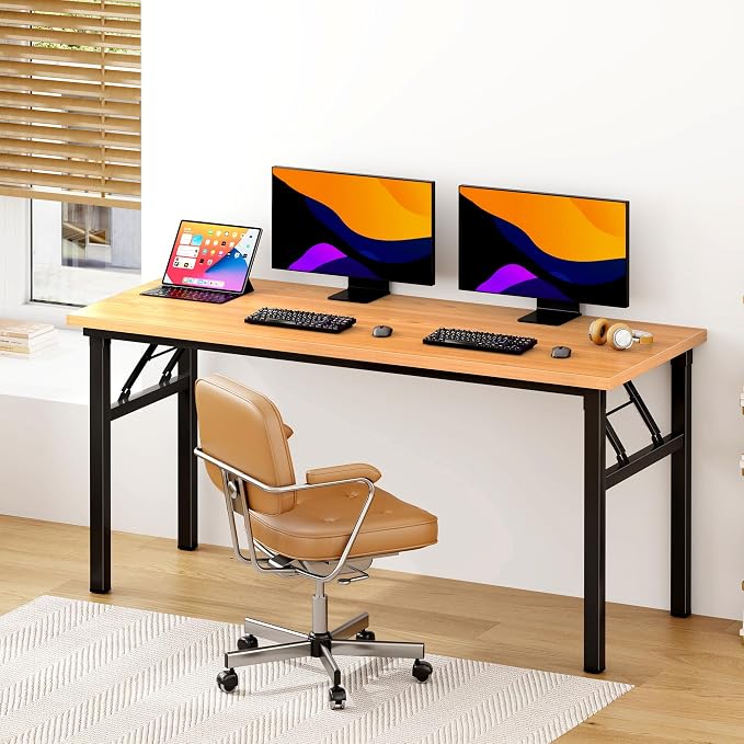 DlandHome 62 Inch Large Folding Computer Desk, Fully Assembled, Teak Black | Foldable Writing Table for Bedroom Dorm, Conference Table for Home Office, Wood Top Metal Frame, Collapsible Easy Storage - Image 2
