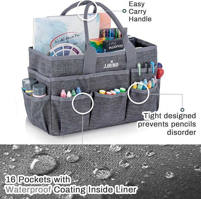 JJRING Craft Tote Bag Organizer for Art Storage, Grey Art Tote Organization with Multiple Pockets, Art Sewing Supply Bag for Scrapbooking, Medical, and Office Supplies Storage