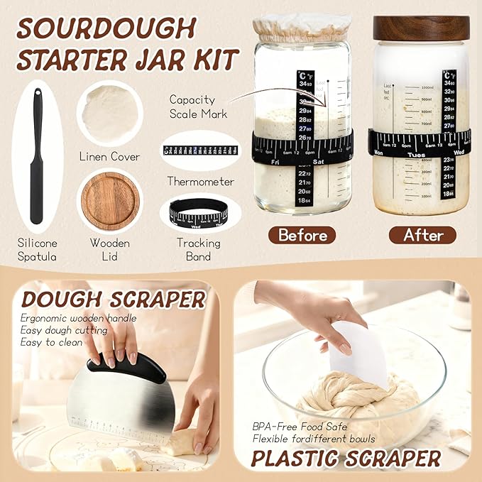 Sourdough Starter Kit,40oz Sourdough Starter Jar with Wooden Lid,2 Banneton Bread Proofing Baskets (9”Round & 10”Oval),Bread Making Supplies Tools,Sourdough Bread Baking Supplies,for Baking Beginners