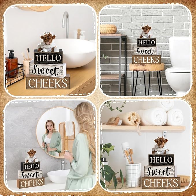 Moucuny 4 Pcs Bathroom Shelf Decor Highland Cow Farmhouse Bathroom Decor and Accessories Rustic Eucalyptus Leaves Hello Sweet Cheeks Highland Cow Sign Western Table Centerpiece for Home Office Toilet - Image 6