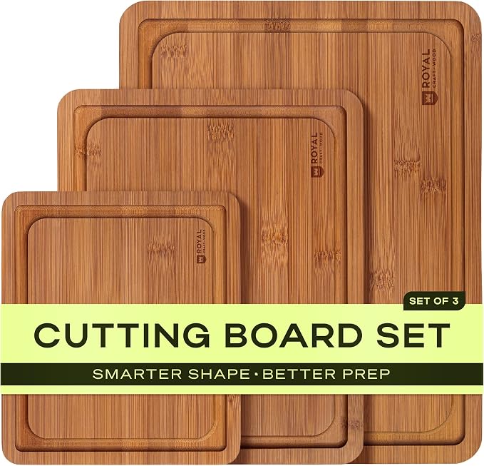 ROYAL CRAFT WOOD Wooden Cutting Boards for Kitchen Meal Prep & Serving - Bamboo Non Toxic Cutting Board Set with Deep Juice Groove Side Handles - Charcuterie & Chopping Butcher Block for Meat (3 Pcs) by ROYALCRAFTWOOD