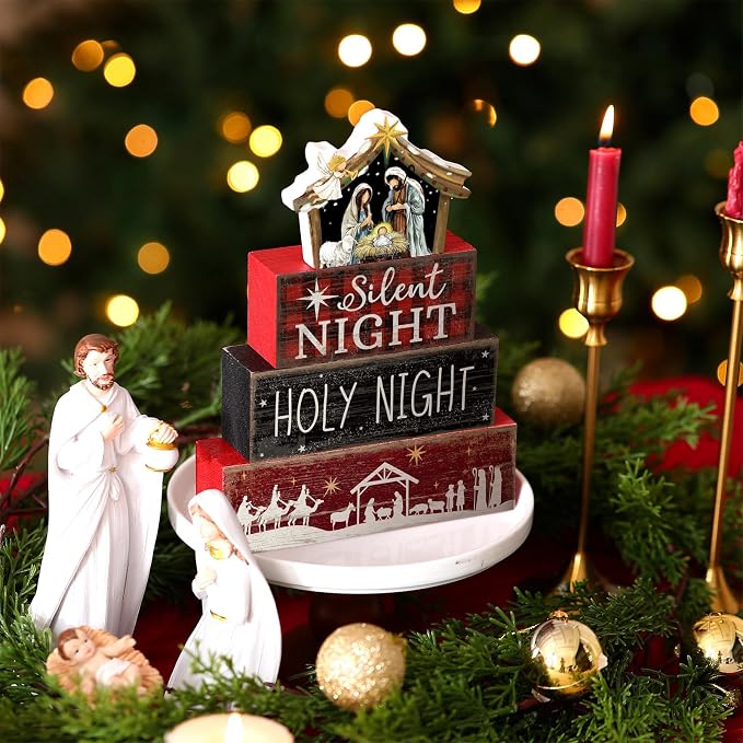 Moucuny 4 Pcs Christmas Table Decor Wooden Christian Religious Decoration Nativity Scene Centerpiece Holy Night Tiered Tray Decor Red and Black Buffalo Plaid Block Signs Xmas Decoration for Kitchen - Image 2