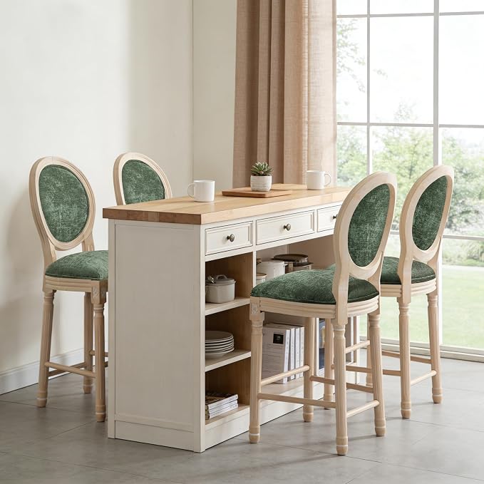 French Country Barstool, Linen Farmhouse Counter Height Chair | Set of 4, with Cushion Round Back and Solid Wood Legs, Oval Chairs for Restaurant, Bar, Kitchen, Café, Green - Image 2
