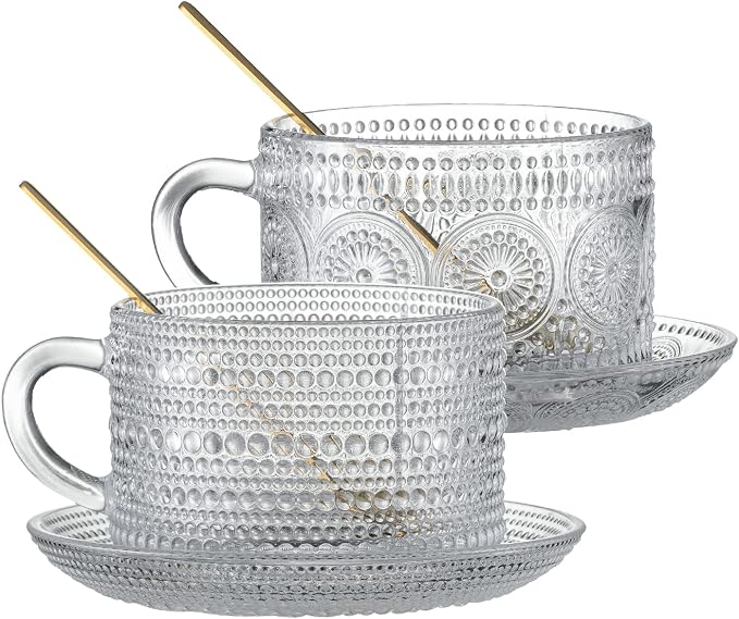 Gezzeny Vintage Coffee Mugs with Saucers 14 Oz Set of 2 Embossed Glass Cups, Tea Cups, Glass Coffee Cups for Cappuccino, Latte,Cereal, Beverage Birthday Valentine's Day Gifts by Gezzeny