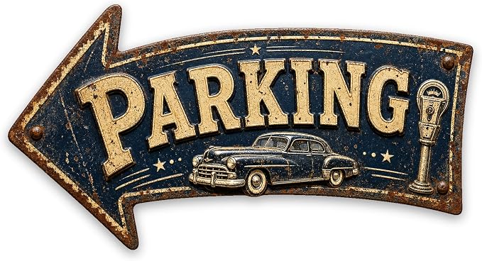 Parking Left-Pointing Arrow Sign — Die-Cut Metal Directional Wall Decor | powder-coated metal, vintage, durable print, ready to hang by MRC+Wood+Products