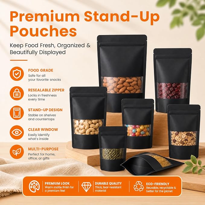 100 Pcs Black Kraft Paper Bags with Window, 5.5" x 7.9" Stand Up Pouches Bags, Food Storage Bags for Packaging Products, Reusable, Sealable - Image 7