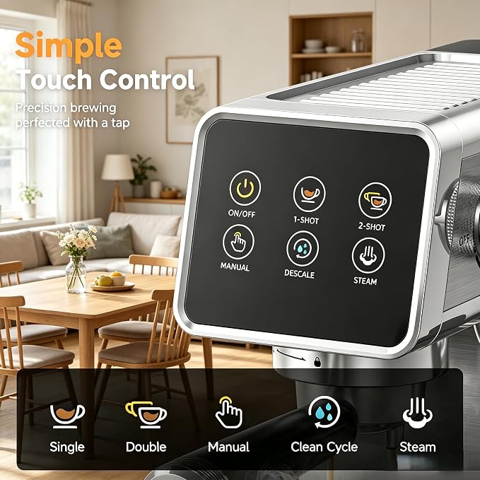 AMZCHEF 20 Bar Home Espresso Coffee Machine | LED Touchscreen, Built-in Milk Frother, Self-Cleaning Function, Makes Latte & Cappuccino, Ideal Coffee Starter Machine - Image 7