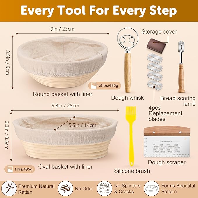 TeamFar Sourdough Bread Baking Supplies, 9” Round & 10” Oval Bread Proofing Basket Set with Liner, Sourdough Starter Kit for Bread Making, Bread Lame/Whisk/Dough Scraper/Basting Brush