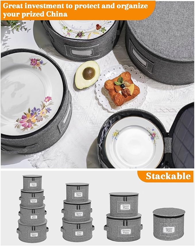 punemi China Storage Containers, 4-Set Hard Shell Dish Storage for Moving | Hard shell support with felt dividers for charger plates, dinnerware and china; stackable design holds set of 12 - Image 6