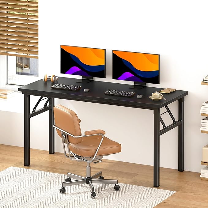 DlandHome 54.3 Inch Large Folding Computer Desk, Fully Assembled, Black | Foldable Writing Table, Portable Activity Conference Table for Home Office, Wood Top Metal Frame, Collapsible Easy Storage - Image 2