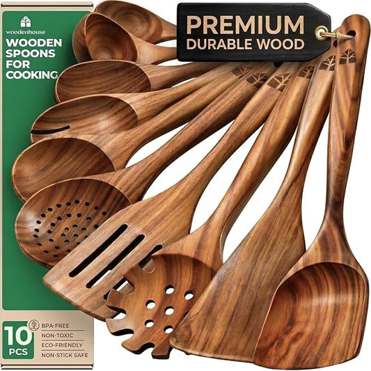 Wooden Spoons for Cooking, 10 Pcs Teak Wood Utensil Set for Nonstick | Durable, Heat Resistant & Food-Safe with Ergonomic Handles – Woodenhouse Kitchen Cookware by Woodenhouse