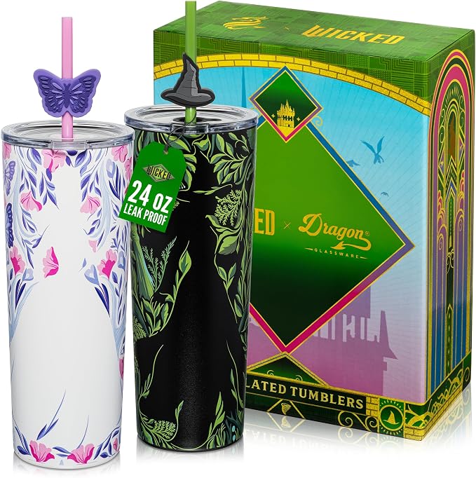 Dragon Glassware x Wicked: For Good Tumbler, 24 oz 2-Pack - Shadows | Set of 2 Vacuum Insulated Stainless Steel Wicked Cups with Lids & Straws; With Straw Charm; Official Wicked Merch by DragonGlassware