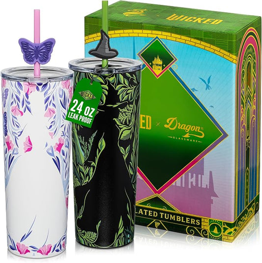 Dragon Glassware x Wicked: For Good Tumbler, 24 oz 2-Pack - Shadows | Set of 2 Vacuum Insulated Stainless Steel Wicked Cups with Lids & Straws; With Straw Charm; Official Wicked Merch by DragonGlassware