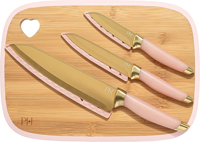 Paris Hilton Bamboo Cutting Board for Kitchen, Reversible Cutting Board and Cutlery Set with High Carbon Stainless Steel Knives and Blade Guards, Comfortable Handle Grips, 7-Piece Set, Gold and Pink by TheWorldofParisHilton