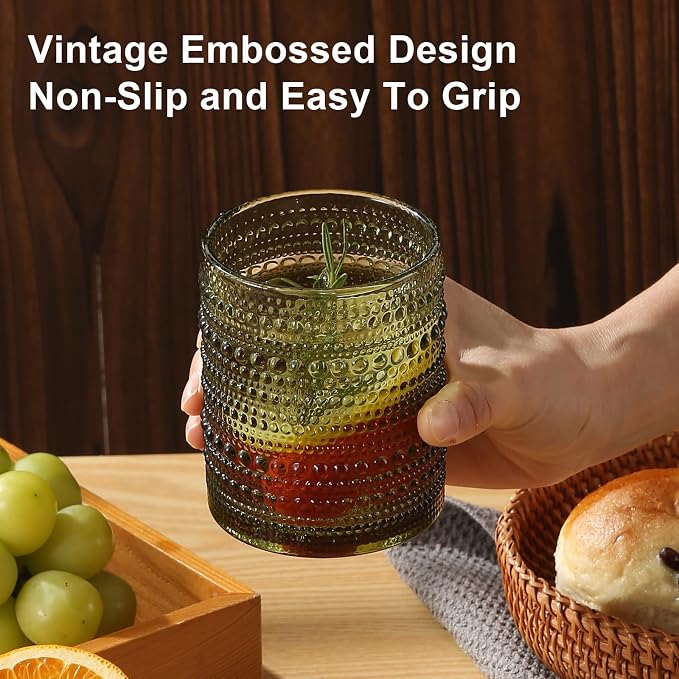 ZMOWIPDL Drinking Glasses Set of 12,Green 12oz & 15oz Hobnail Glass Cups | Vintage Glassware，Embossed Water Tumbler,for Beer,Cocktail,Whiskey,Juice and Various Mixed Drinks- 1 Cleaning Brush - Image 5