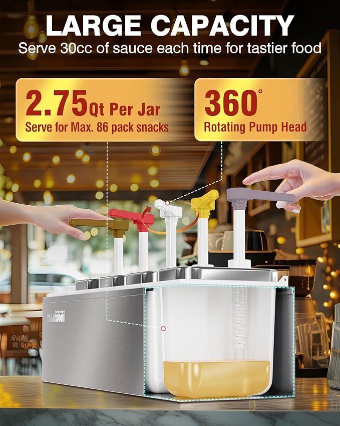 WantJoin Commercial Sauce Dispenser - 5X 2.75QT/2.6L Stainless Steel Pump Jars for Ketchup, Salad Dressing, Syrup, Jam, Salsa - Restaurant Condiment Station