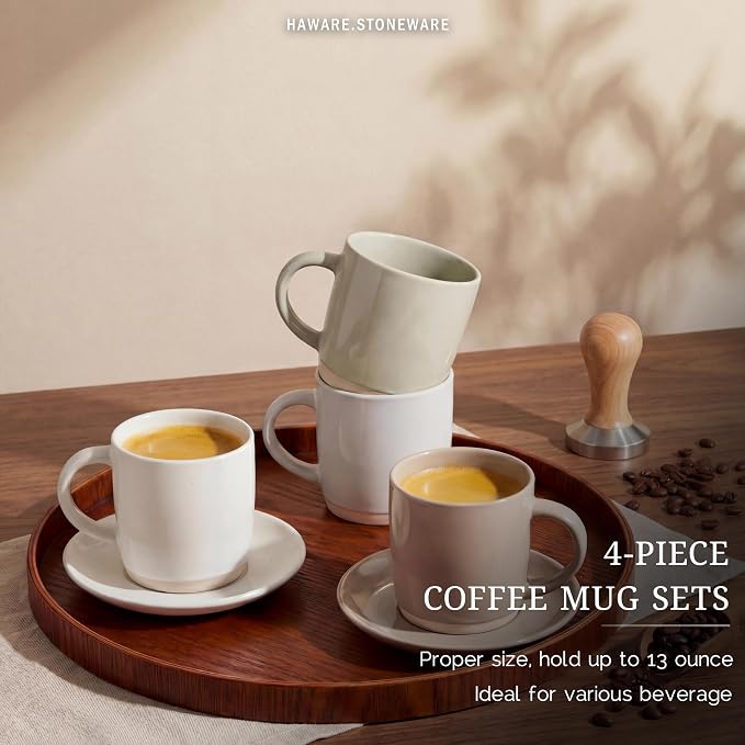 HaWare 13OZ Coffee Mugs with Handles, Stoneware Coffee Cups for 4 | Ceramic Catering Latte Mug, Modern Tea Mugs for Latte/Cappuccino/Cocoa/Milk, Dishwasher& Microwave Safe, Speckled Multicolor - Image 3
