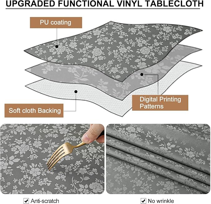 Smiry Rectangle Waterproof Heavy Duty Vinyl Tablecloths, 60 x 120 Inch | Wipeable Washable Floral Embossed Table Cover for Kitchen and Dining Room, Indoor & Outdoor Use, Grey - Image 3