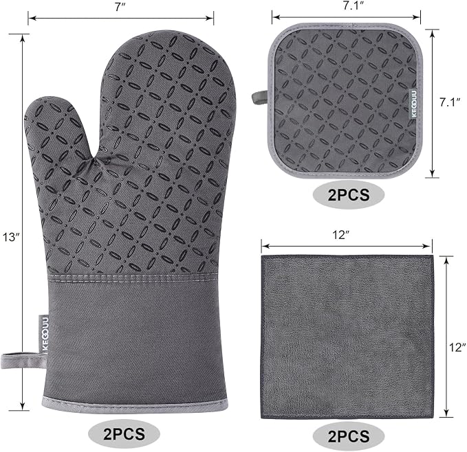 KEGOUU Oven Mitts and Pot Holders 6pcs Set, Kitchen Oven Glove High Heat Resistant 500 Degree Extra Long Oven Mitts and Potholder with Non-Slip Silicone Surface for Cooking (Grey) - Image 2