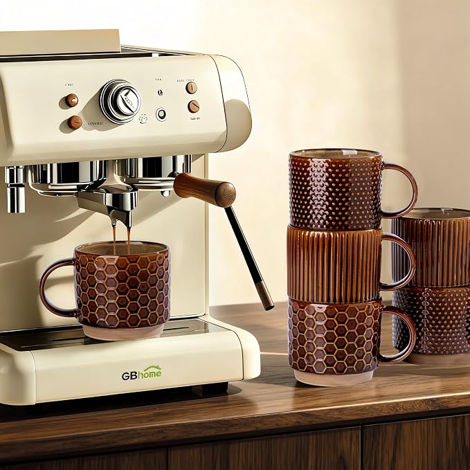 GBhome 12 OZ Stackable Coffee Mugs Set of 6, Ceramic Coffee Cups Set | 3 Assorted Designs, Embossed Mugs with Texture Patterns for Tea/Coffee, Dishwasher&Microwave Safe, Caramel - Image 5