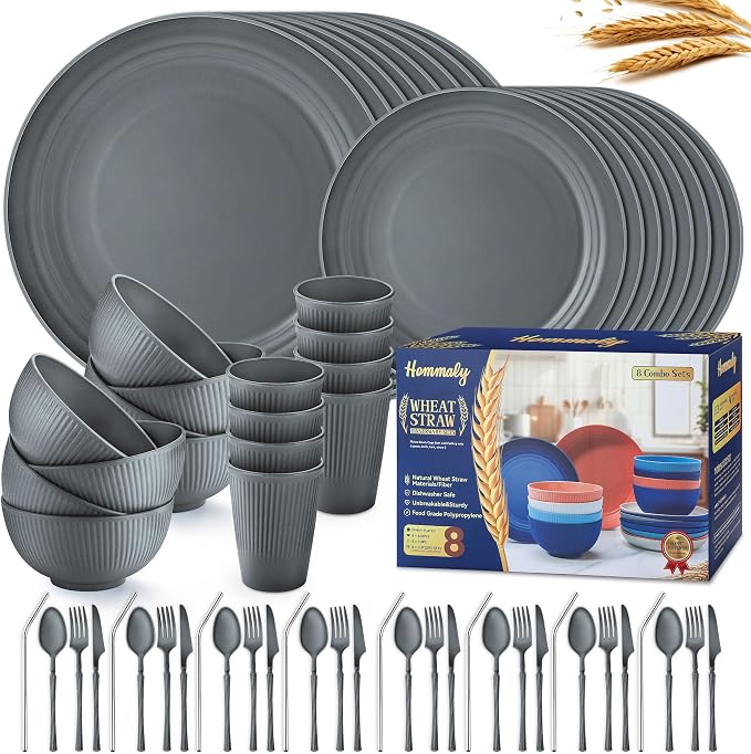 Wheat Straw Dinnerware Sets,64-Piece Plates and Bowls Sets for 8-Unbreakable,Reusable Plastic Dish Set-Dinner Plate/Dessert Plate/Cereal Bowl/Cup/Utensils-Microwavable Dishwasher Safe 64P-Deep Gray by HOMMALY