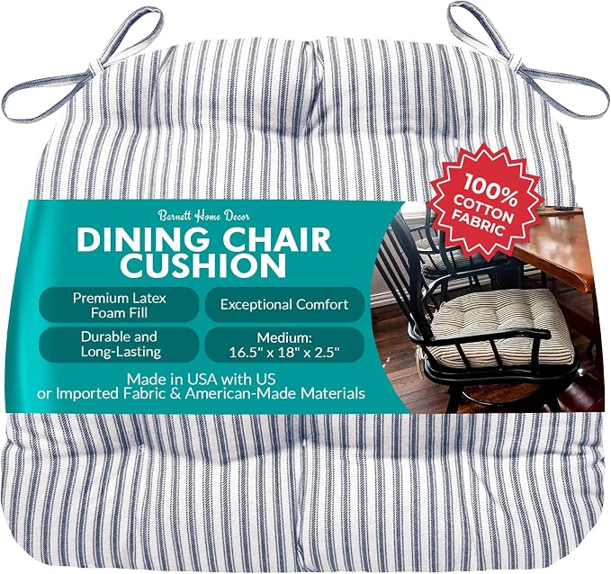 Barnett Home Decor Ticking Stripe Blue Dining Chair Pad with Ties - Medium Size 18 Chair Cushion - Latex Foam Fill - Machine Washable, Reversible, 100% Cotton, Made in USA (Navy) by BarnettHomeDecor