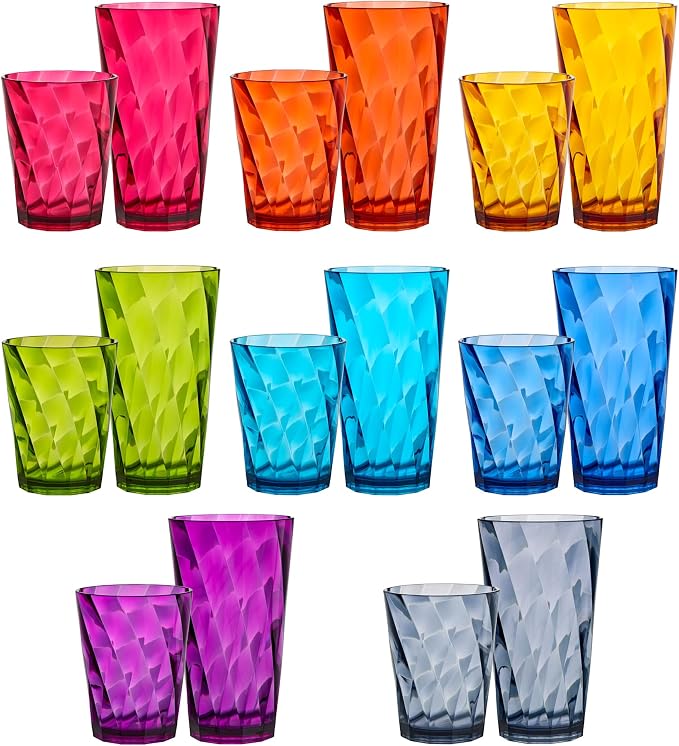 US Acrylic Optix Plastic Reusable Drinking Glasses (Set of 16) 14oz Rocks & 20oz Water Cups in Jewel Tone Colors | BPA-Free Tumblers, Made in USA | Top-Rack Dishwasher Safe by USAcrylic