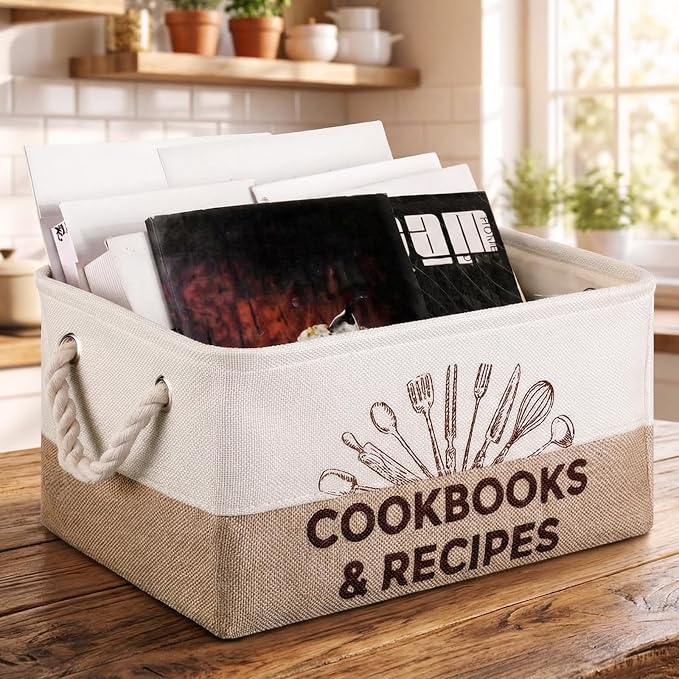 Marsui Cookbook Lover Gifts Recipe Book Storage Basket Large Foldable Bin Burlap Kitchen Decor Bin for Recipe Books Cookbooks Organizer Pantry Tabletop Shelf Closet Floor by Marsui