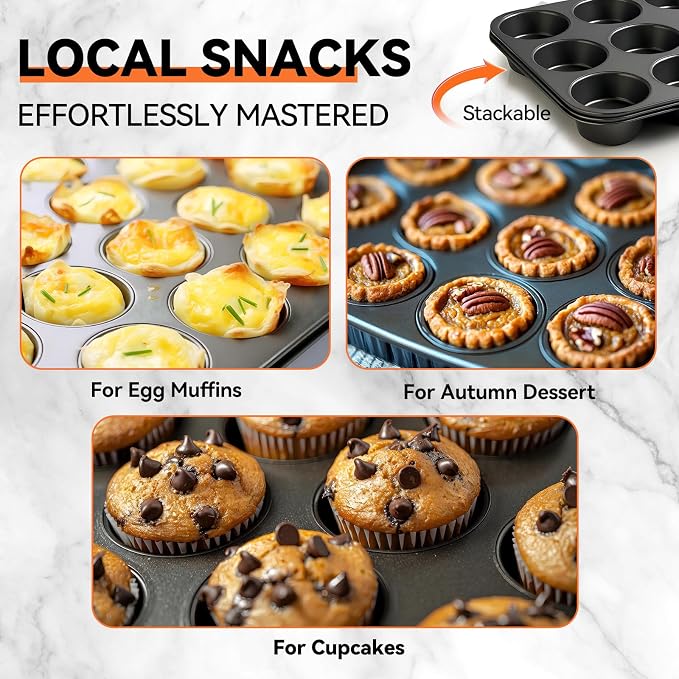 Yoehka 2 Pack Muffin Pan for Baking, Non-stick Cupcake Pan Set, Black | Standard 12-Cups Muffin Tin for Baking Cupcakes, Carbon Steel Baking Supplies - Image 5