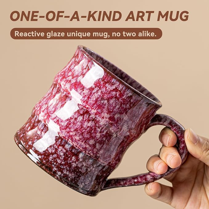 Unique Reactive Glaze Cherry Red Ceramic Coffee Mug - 15 oz Large Coffee Cup M-HY025-43-ZJYHH - Image 3