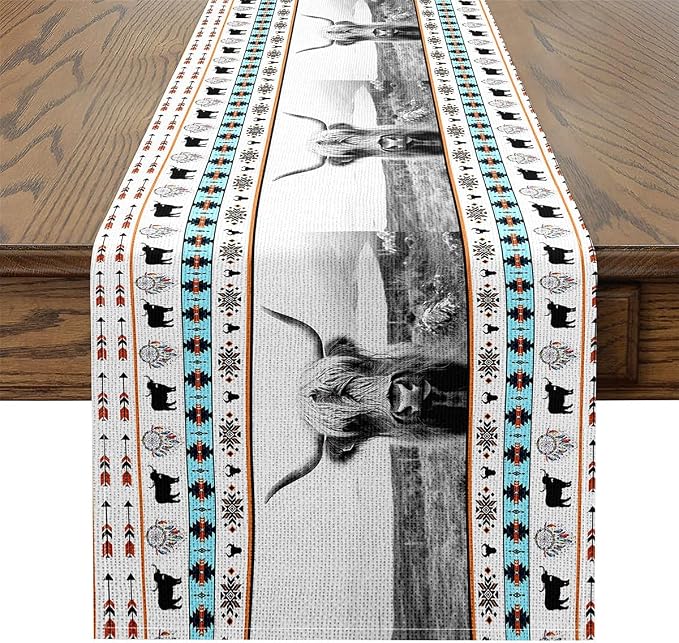 jejeloiu Highland Cow Home Decor for Living Room Dresser Scarfs Dresser Runners Western Table Runner Kids Boho Western Seasonal Vintage Exotic Table Decoration for Kitchen Dinning 13" x 60" - Image 2