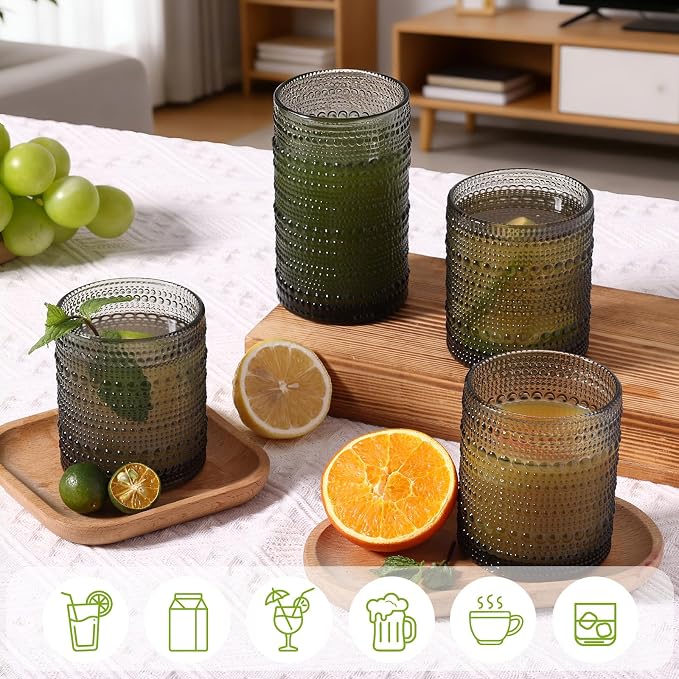 Moretoes 12 Pack Hobnail Drinking Glasses Gray Water Glass Cups Set | Mixed Vintage Glassware 6pcs 12oz Highballs & 6pcs 10oz Old Fashioned Glasses, Great for Cocktail Whisky and Other Beverages - Image 4