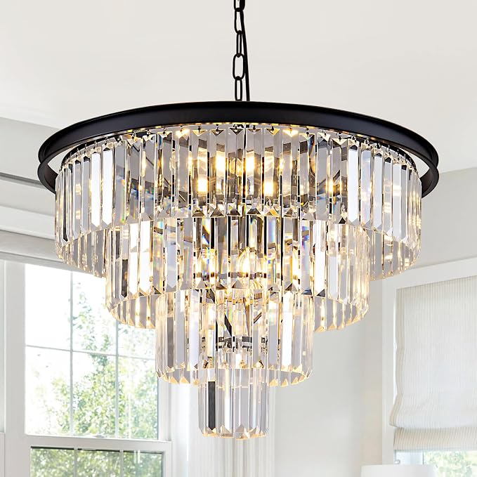 10 Light Black Crystal Chandelier 24'' Modern Round Chandeliers for Dining Room Contemporary Ceiling Pendant Light Fixture 4-Tier Adjustable Height E12 for Living Room Foyer Entryway by HCCZLighting