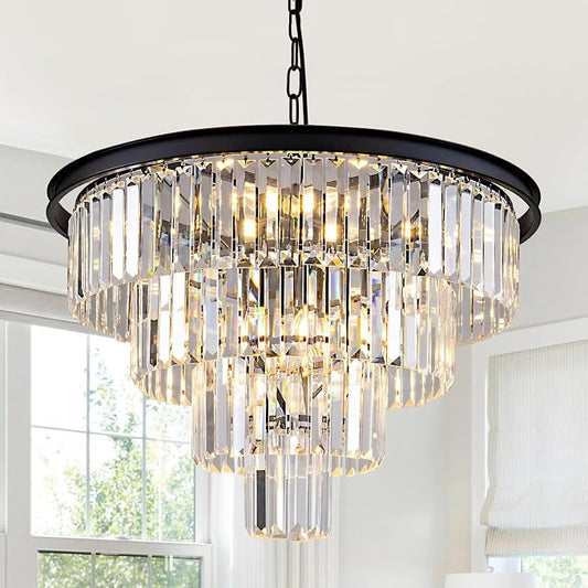 10 Light Black Crystal Chandelier 24'' Modern Round Chandeliers for Dining Room Contemporary Ceiling Pendant Light Fixture 4-Tier Adjustable Height E12 for Living Room Foyer Entryway by HCCZLighting